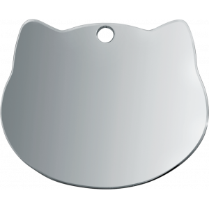 Médaille chien en forme de chat en acier inox argenté, finition lisse, bords arrondis et trou central pour anneau.