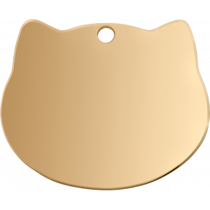 Médaille chien dorée en forme de tête de chat, finition lisse, bords arrondis et trou supérieur pour attache facile.