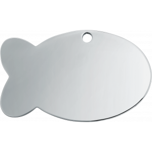 Petite médaille chien en forme de poisson argentée 30x20 mm, acier inox, trou supérieur pour collier.