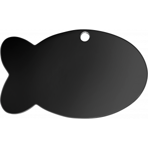 Médaille chien noire à finition miroir en forme de poisson 30x20 mm, bords arrondis et trou supérieur pour collier.