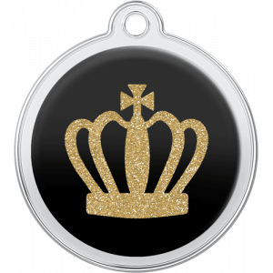 Médaille chien ronde noire 30×33 mm, acier inox avec couronne dorée pailletée, trou supérieur pour collier.