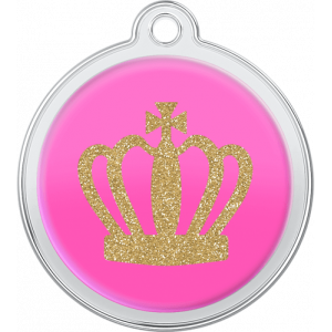 Médaille Chien Design Couronne de Roi Rose Médaille chien ronde rose 30×33 mm, motif couronne dorée pailletée élégante, trou en haut pour attache au collier.