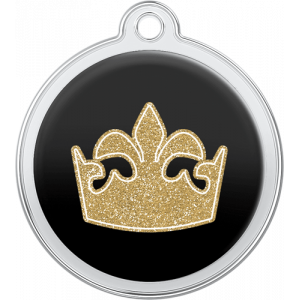 Médaille chien ronde noire 30×33 mm, acier inox avec couronne dorée pailletée de reine, trou supérieur pour collier.