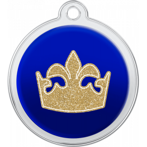 Médaille chien ronde bleue 30×33 mm, motif couronne de reine dorée pailletée, trou supérieur pour fixation au collier.