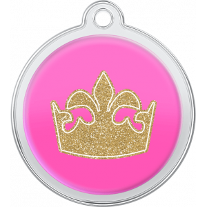 Médaille chien ronde rose 30×33 mm, motif couronne dorée pailletée de reine, trou supérieur pour attache au collier.