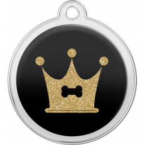 Médaille chien ronde noire 30×33 mm, acier inox avec os et couronne dorés à paillettes, trou supérieur pour collier.