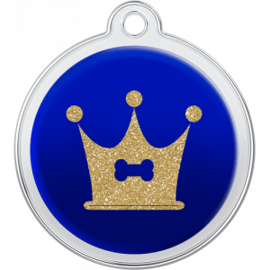 Médaille chien ronde bleue 30×33 mm, motif os et couronne dorée à paillettes, trou supérieur pour fixation au collier.