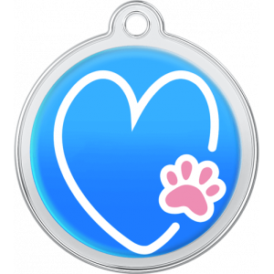 Médaille Chien Design Coeur-Patte Bleu Médaille chien ronde bleue 30×33 mm, acier inox avec cœur blanc et patte rose, trou supérieur pour attache au collier.