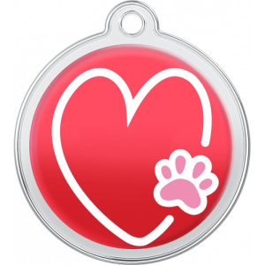 Médaille Chien Design Coeur-Patte Rouge Médaille chien ronde rouge 30×33 mm, motif cœur blanc et patte rose, trou pratique pour attache rapide au collier.
