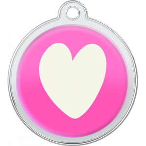 Médaille chien ronde rose 30×33 mm, acier inox avec grand cœur blanc, trou supérieur pour attache au collier.