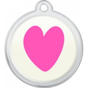 Médaille chien ronde blanche 30×33 mm, motif grand cœur rose, trou supérieur pour attache facile au collier.