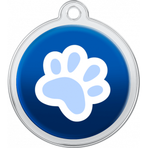 Médaille chien ronde bleue 30×33 mm, patte blanche et bleu clair, trou supérieur pour attache facile au collier.