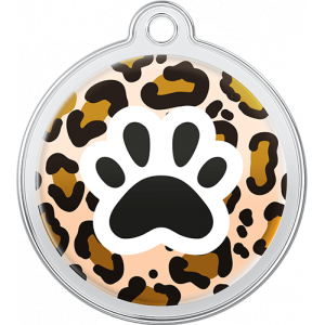 Médaille chien ronde 30×33 mm, motif léopard avec patte noire, trou supérieur pour attache facile au collier.