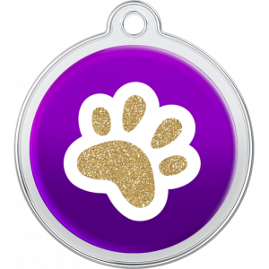 Médaille chien ronde violette 30×33 mm, motif patte dorée pailletée, trou en haut pour fixation rapide au collier.