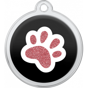Médaille chien ronde noire 30×33 mm, motif patte rose à paillettes, trou supérieur pour attache au collier.