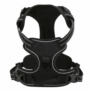 Harnais anti-traction noir avec plastron rembourré, liseré réfléchissant et anneau avant, idéal avec médaille chien.