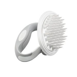 Brosse blanche pour chien avec picots en silicone et manche gris rotatif, pour un toilettage doux et efficace.