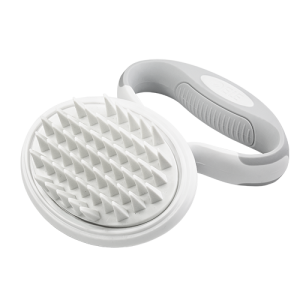 Brosse amovible pour chien avec coussin à picots doux et manche gris, idéale pour retirer les poils morts.
