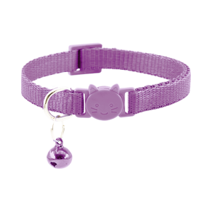 Collier chat violet réglable avec boucle anti-étranglement, clochette et anneau pour médaille chien, tour de cou 21–34 cm.