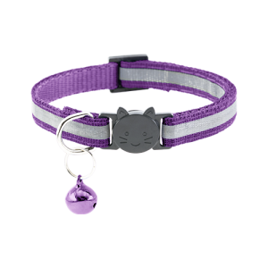 Collier chat réfléchissant violet avec boucle de sécurité, clochette et anneau pour fixer une médaille chien.