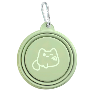 Gamelle pliable verte pour chien en silicone avec dessin chat, mousqueton pour transport facile, médaille chien.