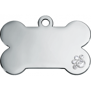 Médaille chien luxe argentée en os, acier inox avec patte cristal, gravée recto verso avec nom et coordonnées complètes.