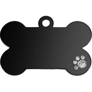 Médaille chien noire luxe en os, finition acier brillant avec patte cristal, gravée des deux côtés avec soin.