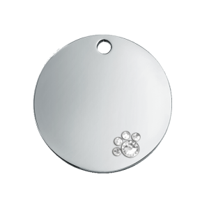Médaille Chien Ronde Argent Luxe Médaille chien ronde argentée luxe, acier inox brillant et patte cristal, gravée recto verso avec nom, contact et adresse.