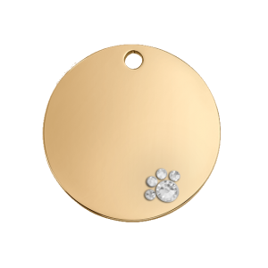 Médaille Chien Ronde Or Luxe Médaille chien ronde dorée luxe en acier inox, patte cristal décorative et gravure personnalisée des deux côtés.