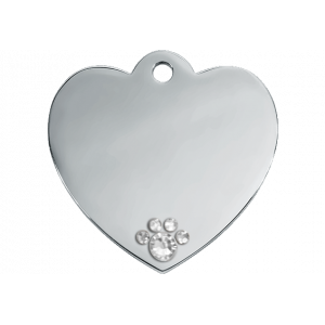 Médaille chien luxe en cœur argentée, acier inox avec patte cristal, gravée nom, adresse et numéro de téléphone.