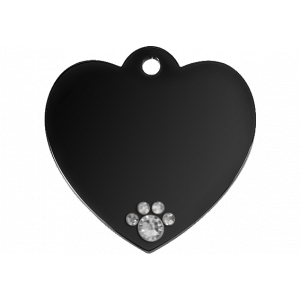 Médaille chien noire luxe en forme de cœur, acier inox brillant avec patte cristal, gravée des deux côtés.